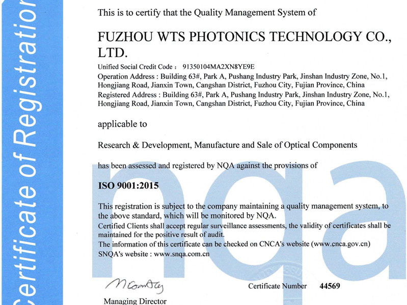 WTS 成功从 ISO 9001:2008 升级至 ISO 9001:2015。